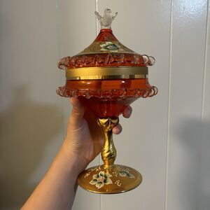 Vintage Empoli ?? Italy Red Orange Gold Floral Apothecary Candy Jar Compote